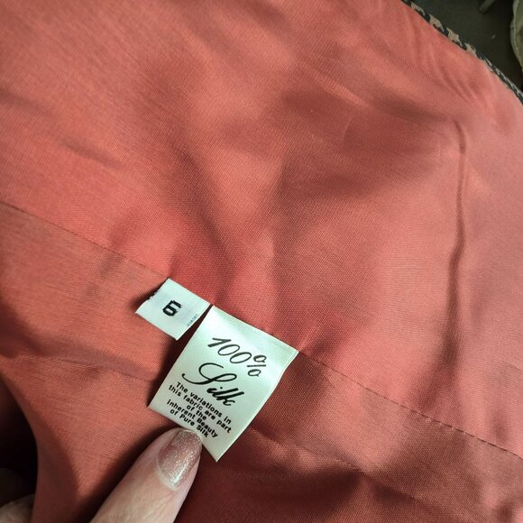 Vintage David Hayes Silk Skirt Suit Brown Black Geometric Size 6 HS166 - Picture 5 of 13